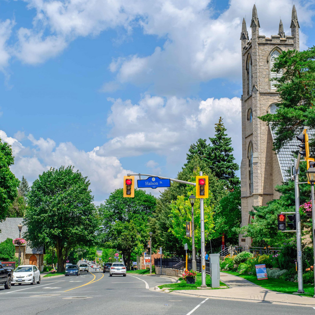 Halson St intersection with beautiful church in background