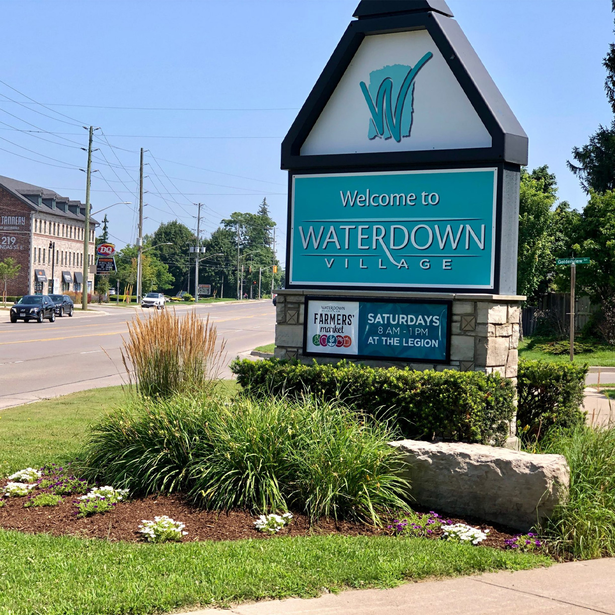 Waterdown Village sign with beautiful landscaping around it