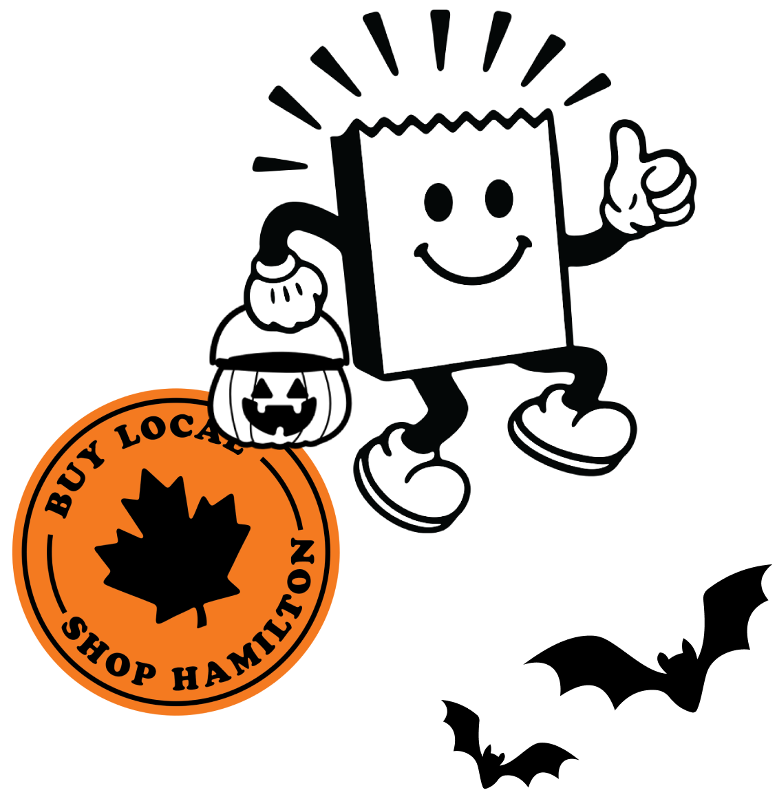 Pepe trick or treating with a jack-o-lantern bucket